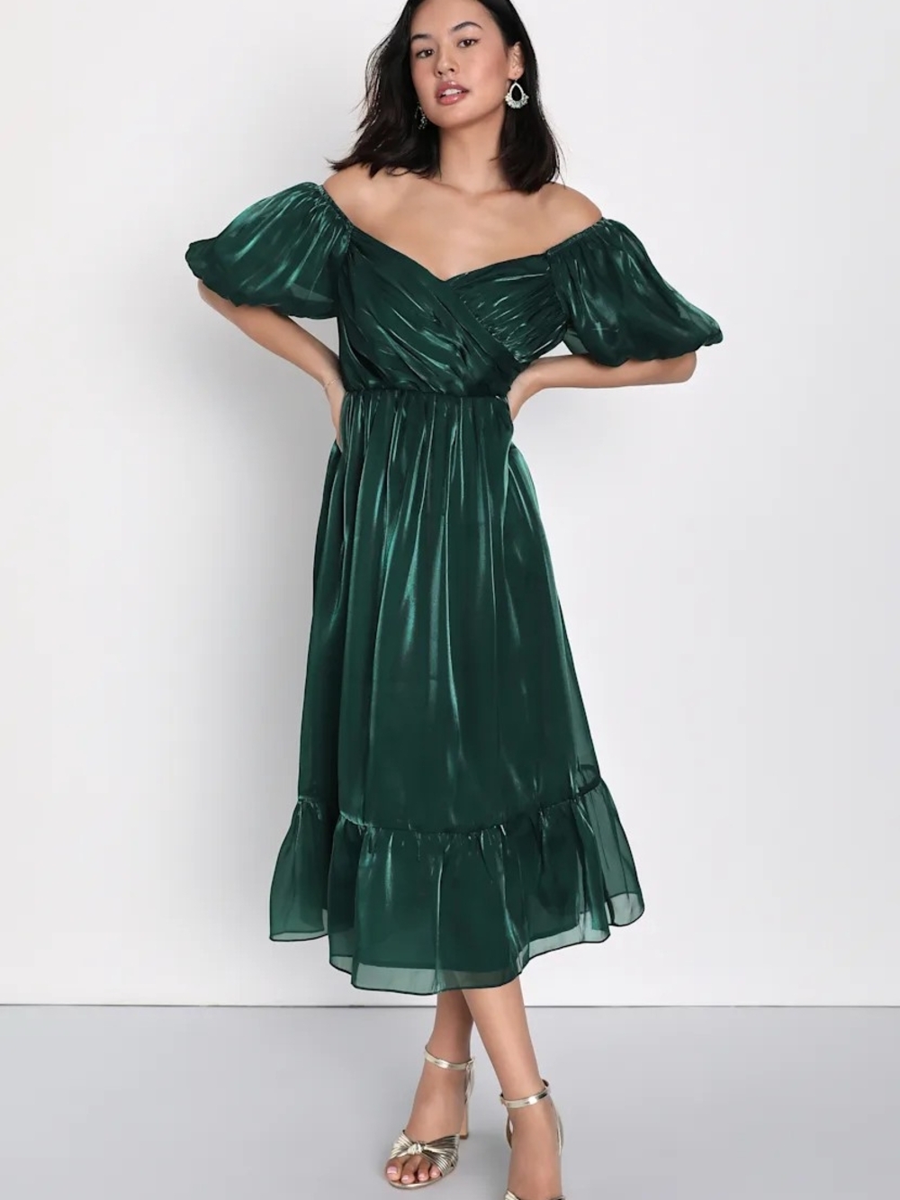 NWT Lulus Emerald Green Satin Midi Dress, Size LG